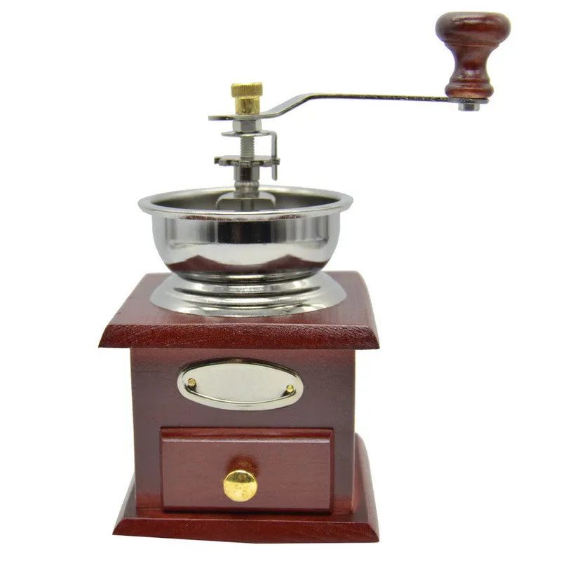 Manual Coffee Grinder Mill Hand Crank Adjustable Wood Iron Antique