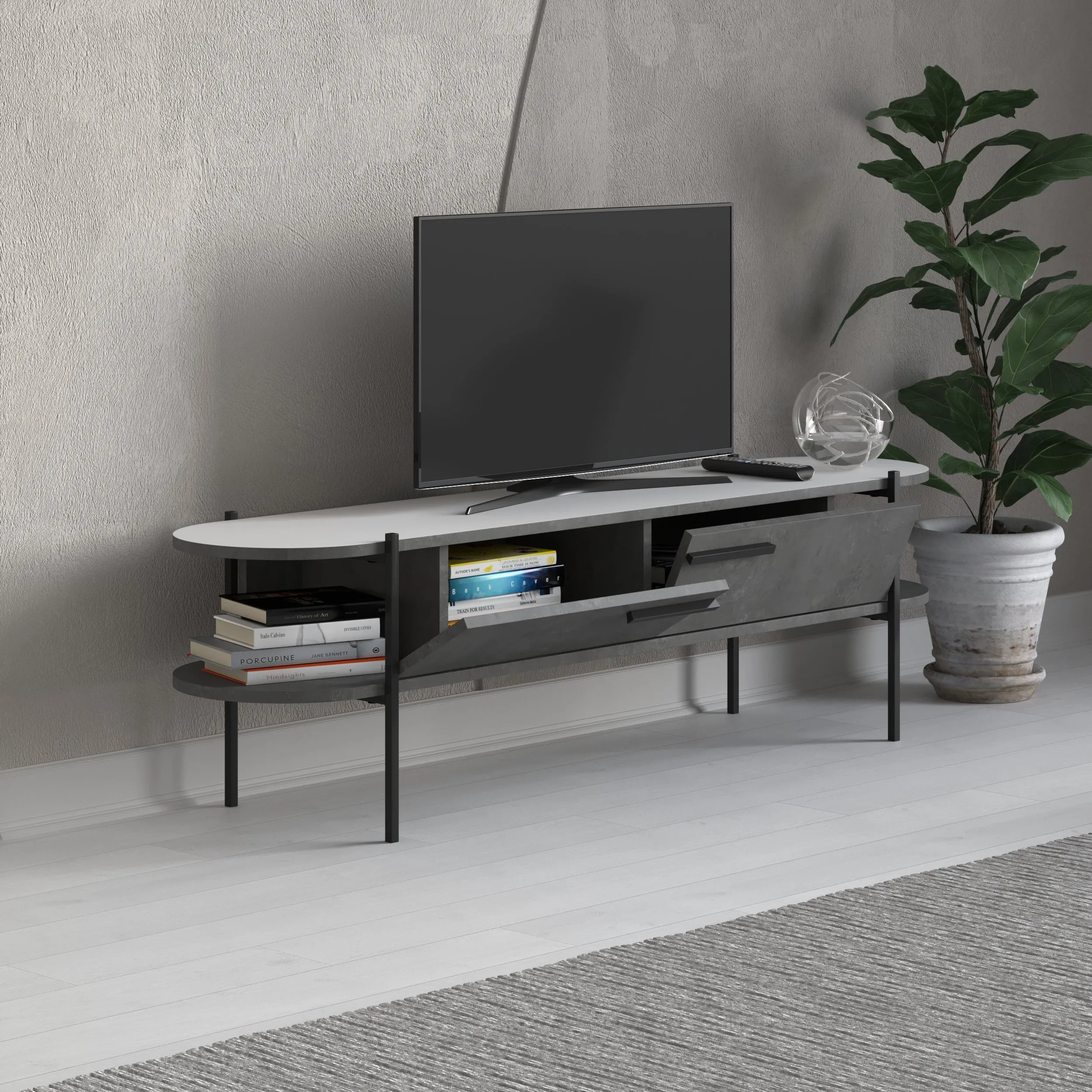 Otis Modern TV Stand Multimedia Centre Metal Leg Storage 160cm