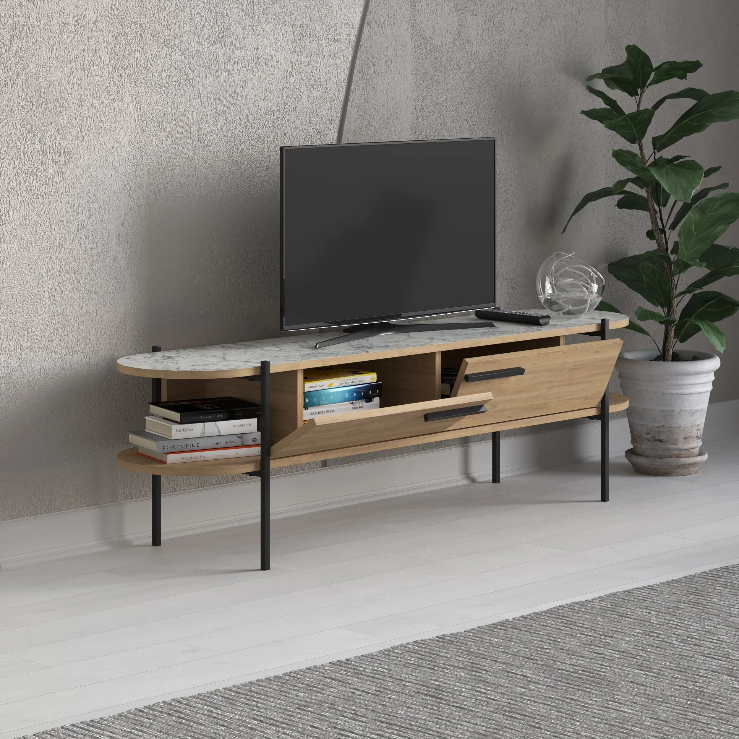 Otis Modern TV Stand Multimedia Centre Metal Leg Storage 160cm