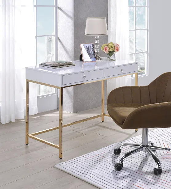 Ottey White High Gloss & Gold Desk