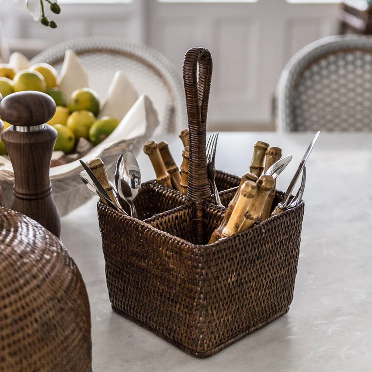 Rattan Cutlery & Condiment Basket Brown