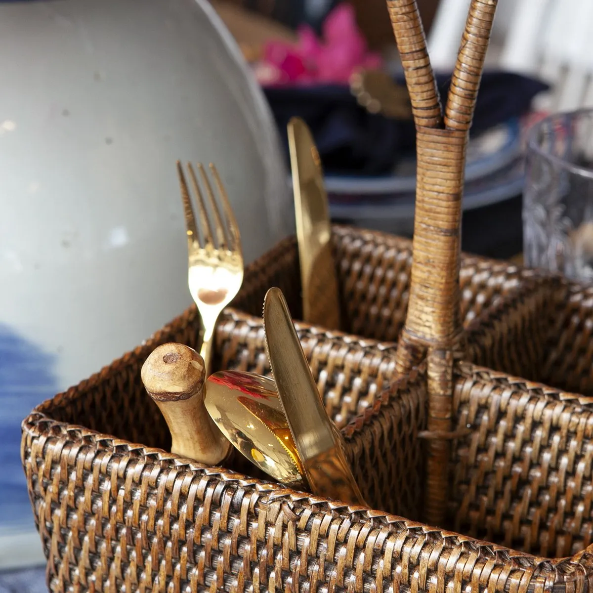 Rattan Cutlery & Condiment Basket Brown