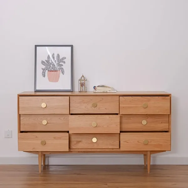 Rustic Bedroom Dresser with 9 Drawers Wooden Chest of Drawers with Gold Knobs