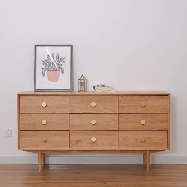 Rustic Bedroom Dresser with 9 Drawers Wooden Chest of Drawers with Gold Knobs