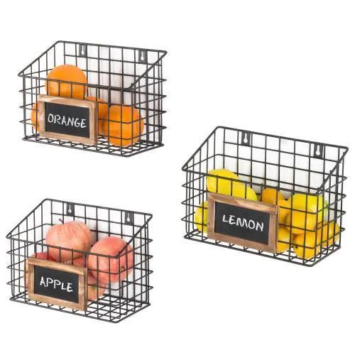 Set of 3 Wall-Mounted Rustic Wire Storage Baskets w/Chalkboard Labels