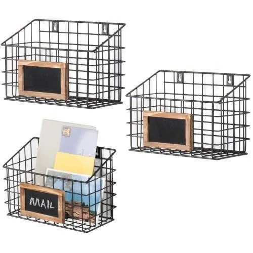 Set of 3 Wall-Mounted Rustic Wire Storage Baskets w/Chalkboard Labels