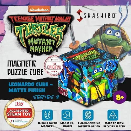 SHASHIBO Teenage Mutant Ninja Turtles Shape Shifting Box - Award-Winning, Patented Magnetic Puzzle Cube w/36 Rare Earth Magnets -Fidget Cube Transforms Into Over 70 Shapes (Leo Series 2)