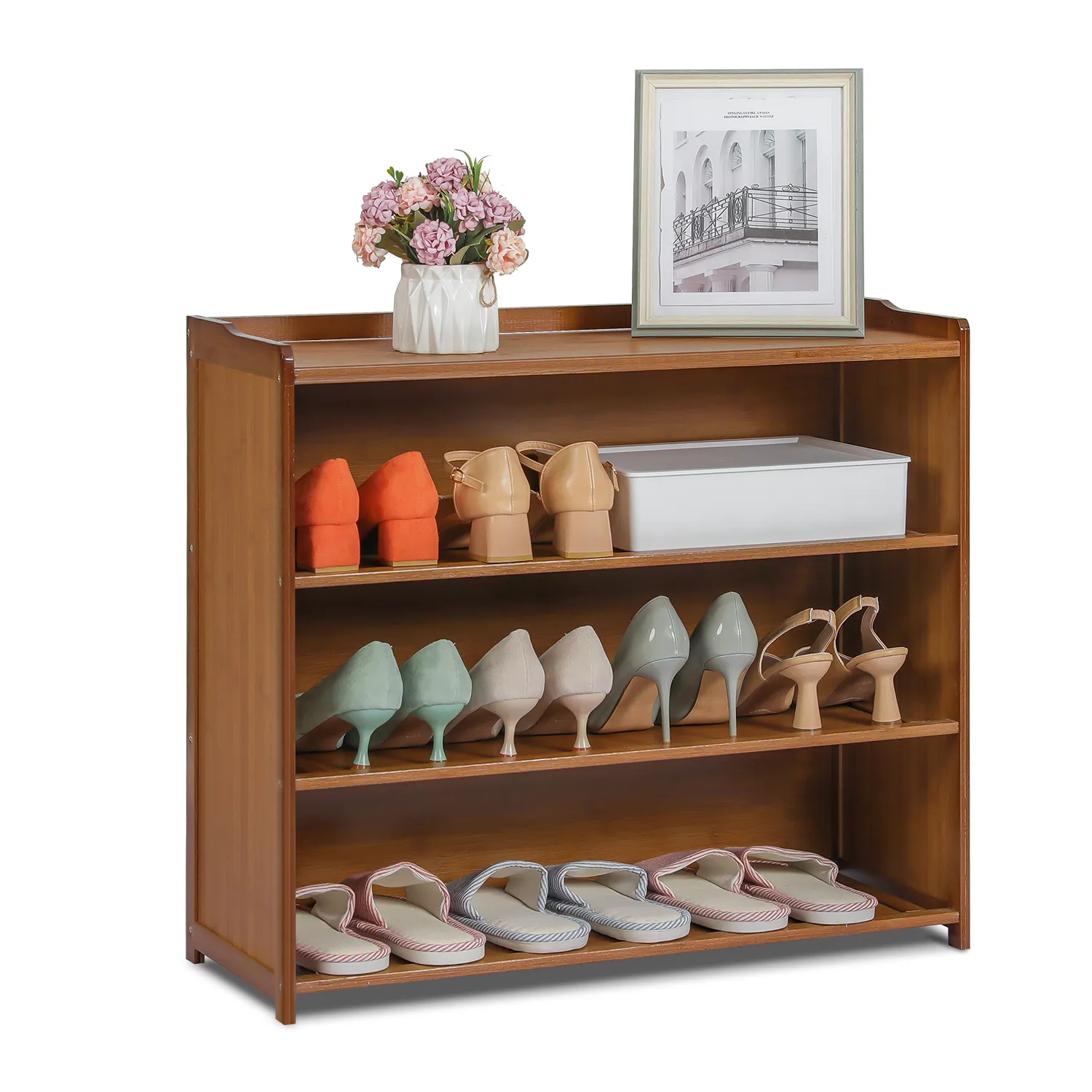 Shoe Organizer - Enclosed Back Panel - 4 Tier - Brown