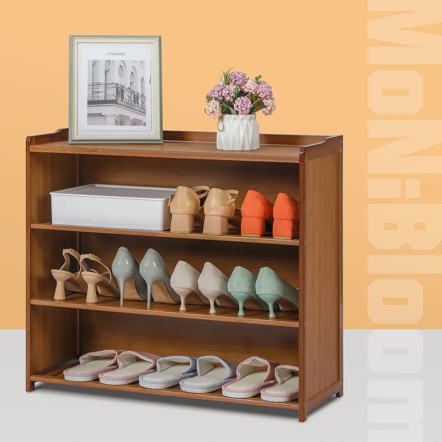 Shoe Organizer - Enclosed Back Panel - 4 Tier - Brown