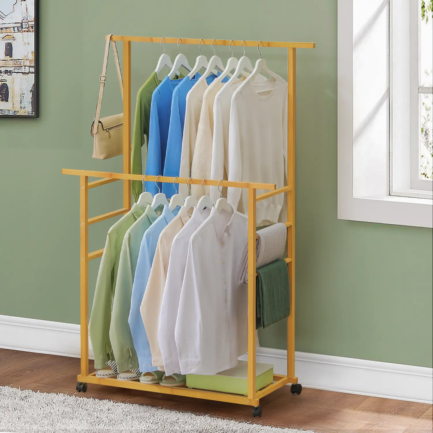 Sliding Garment Double Hanging Clothes Rack - Natural