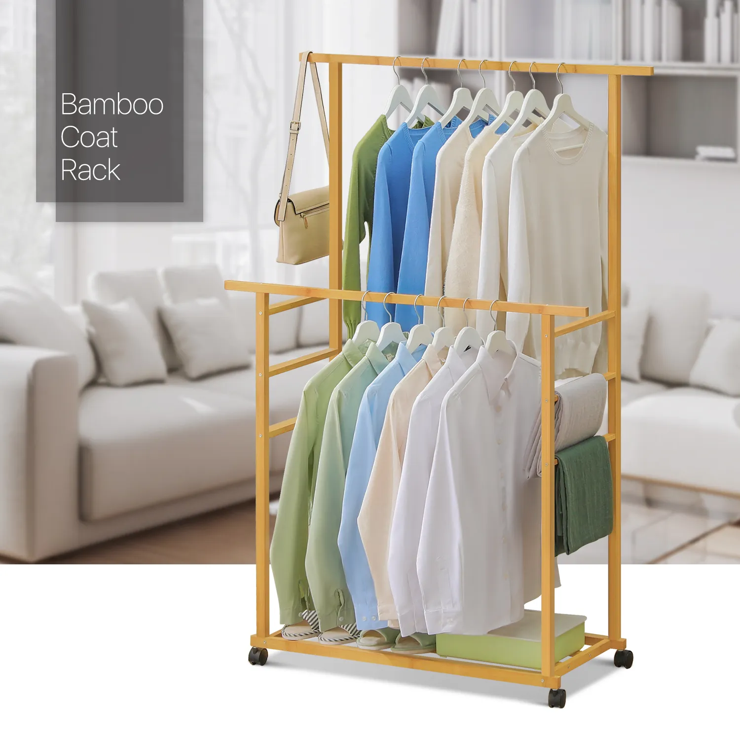 Sliding Garment Double Hanging Clothes Rack - Natural