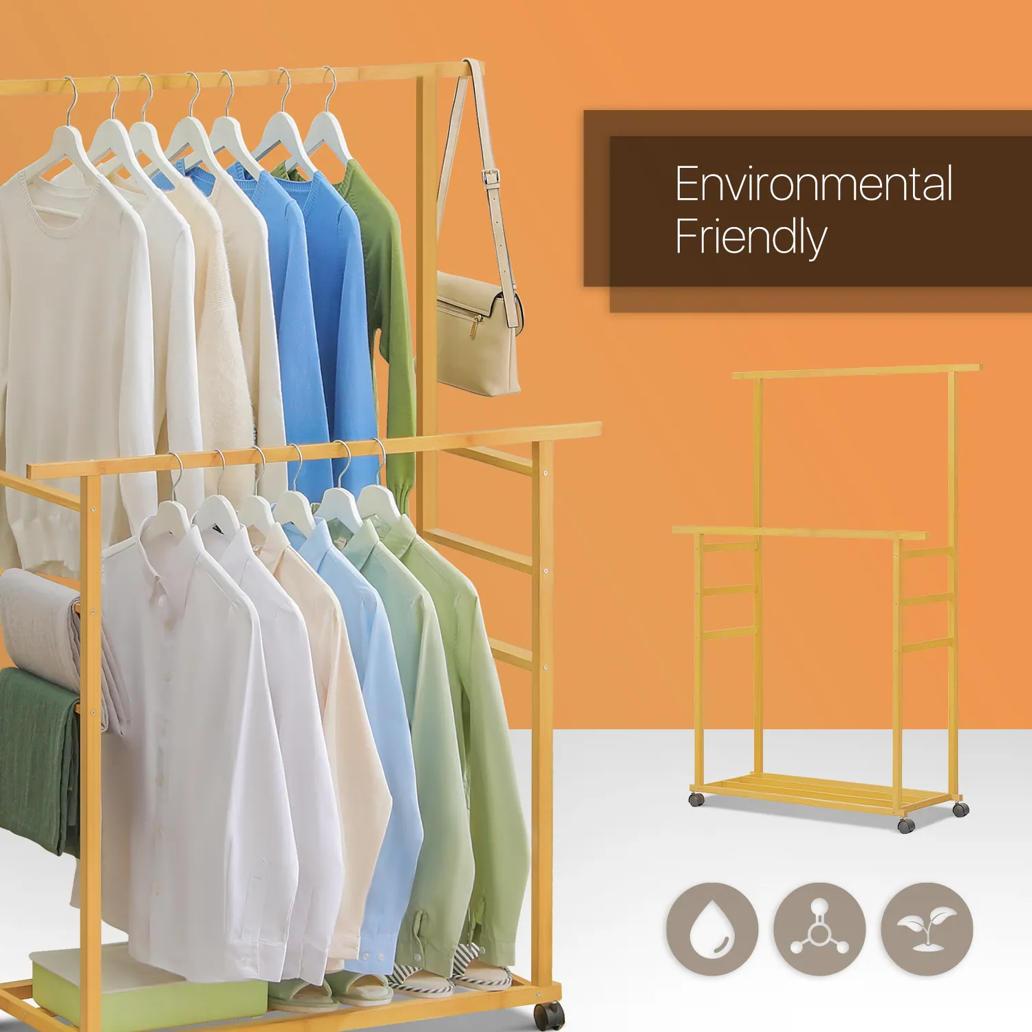 Sliding Garment Double Hanging Clothes Rack - Natural