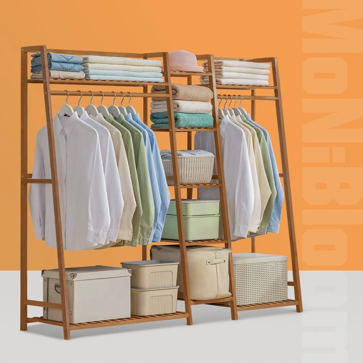 Trapezoid Garment Cabinet Clothes Organizer - Double Rack - Brown