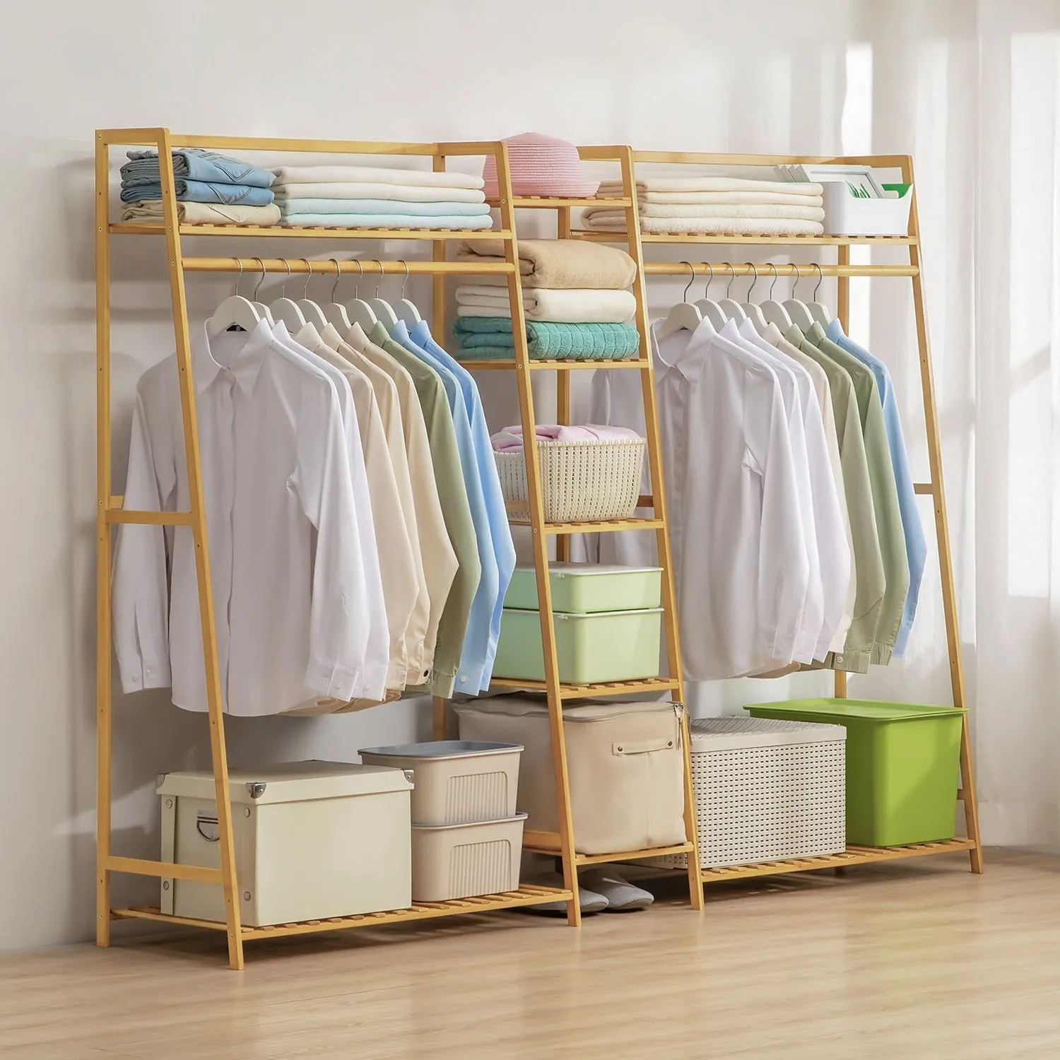 Trapezoid Garment Cabinet Clothes Organizer - Double Rack - Natural