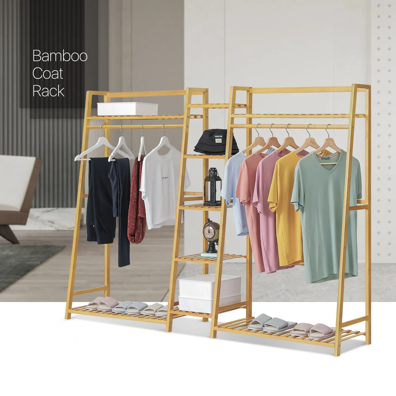 Trapezoid Garment Cabinet Clothes Organizer - Double Rack - Natural