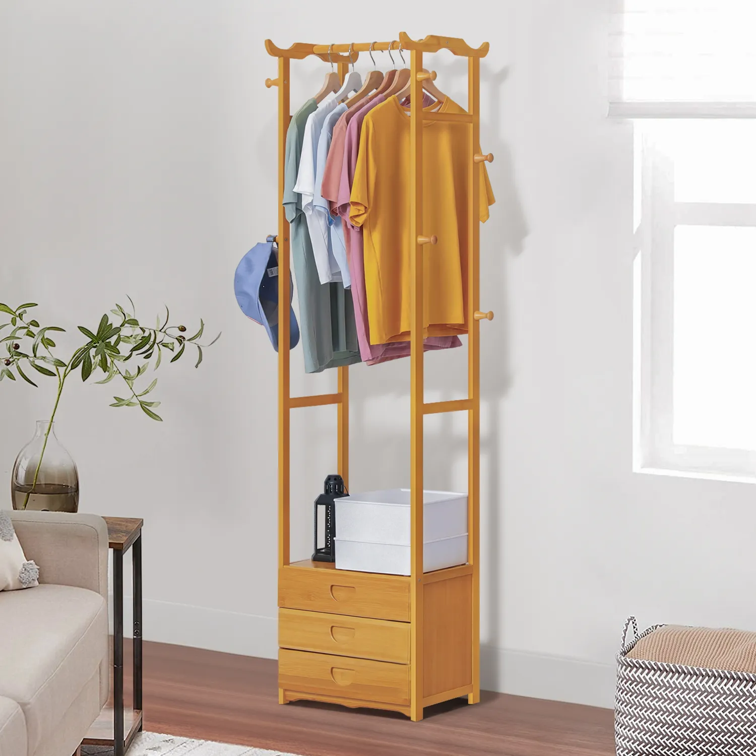 Triple Drawer Garment Hanging Stand Rack - Natural