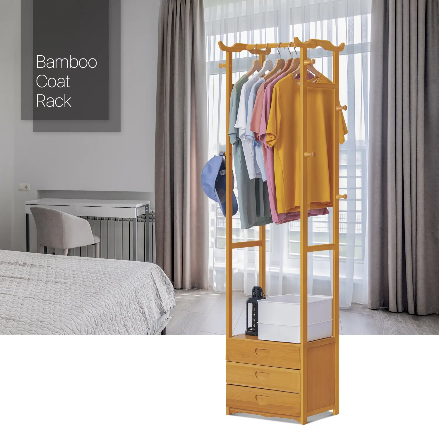 Triple Drawer Garment Hanging Stand Rack - Natural