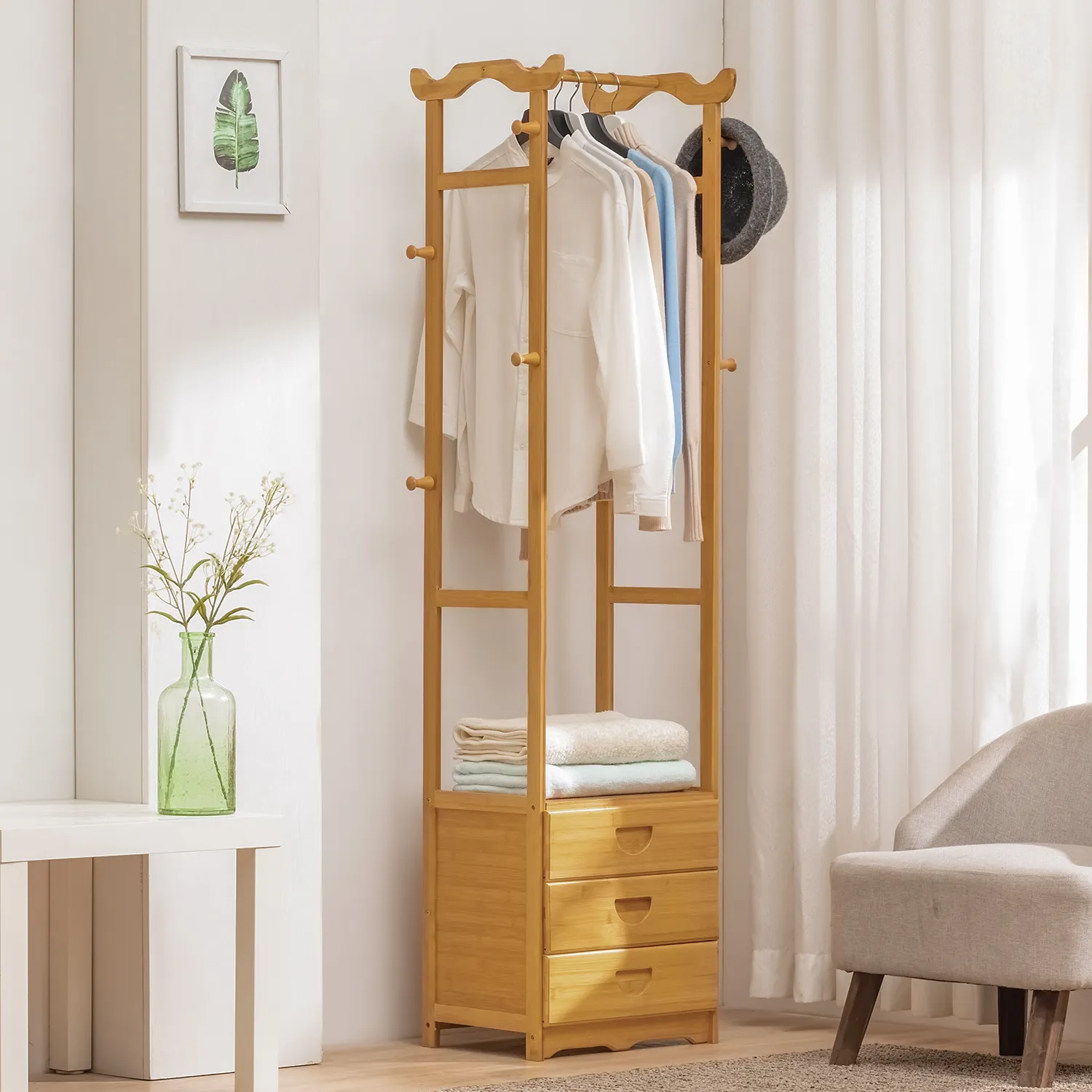 Triple Drawer Garment Hanging Stand Rack - Natural