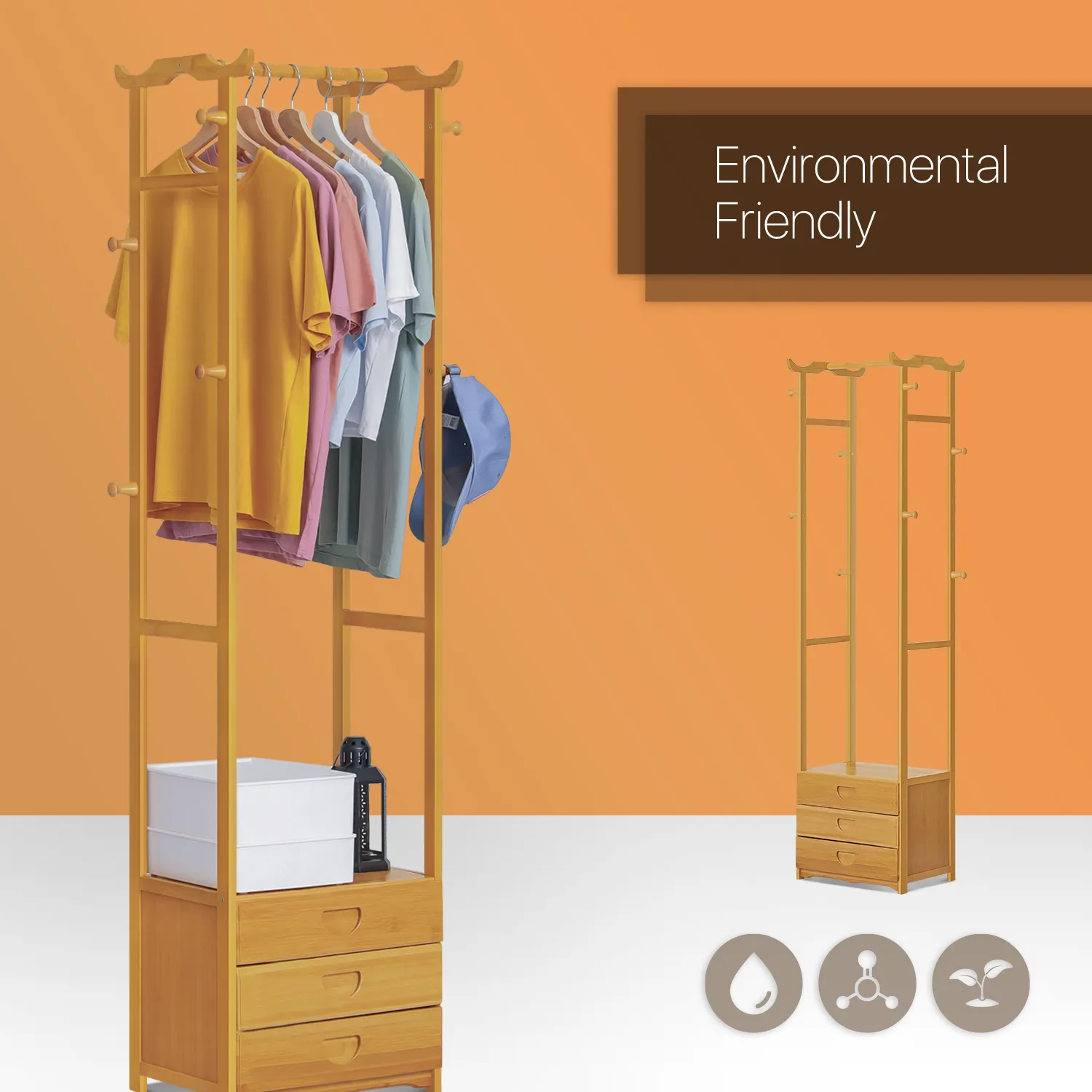 Triple Drawer Garment Hanging Stand Rack - Natural