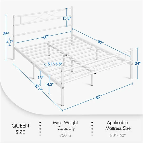 Yaheetech White Metal Bed with Headboard