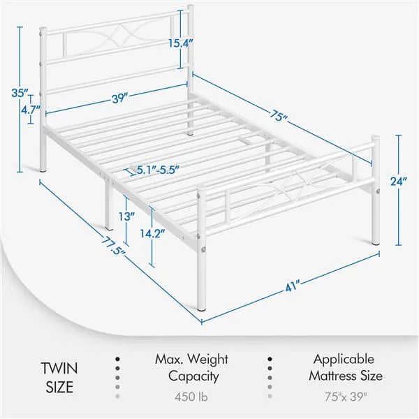 Yaheetech White Metal Bed with Headboard