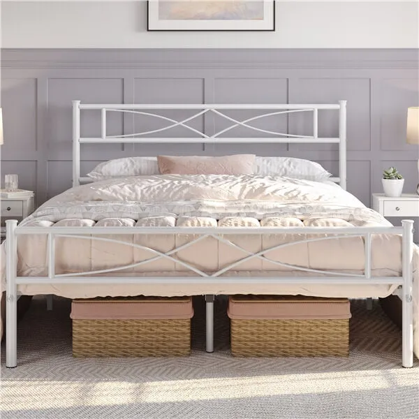 Yaheetech White Metal Bed with Headboard