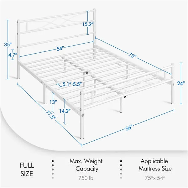 Yaheetech White Metal Bed with Headboard